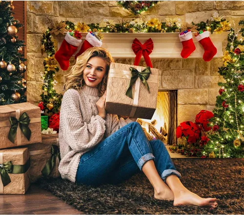 Miniatura 2 de Telón de fondo temático de chimenea navideña de 12 x 8 pies para fotografía, tela suave sin arrugas, calcetines navideños con diseño de árbol