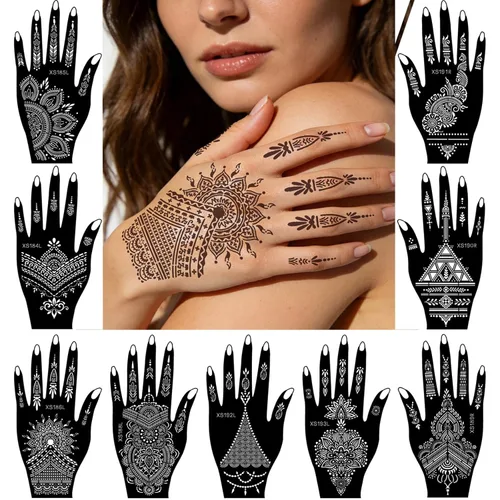 Miniatura 2 de XMASIR 20 hojas de plantillas de tatuaje de henna para mano, plantillas temporales de tatuaje de aerógrafo, calcomanías de tatuaje árabe, plantillas