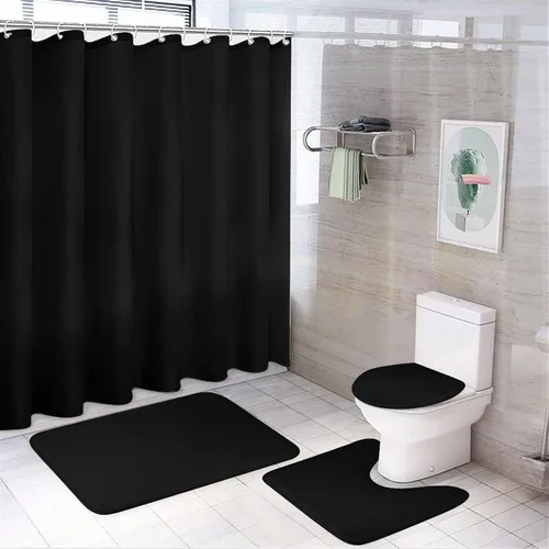 Miniatura 9 de Juego de 3 alfombras de baño modernas en blanco y negro, antideslizante en forma de U y tapa de inodoro