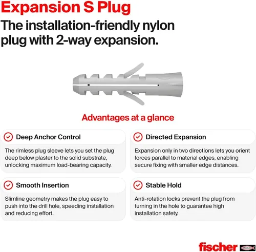Miniatura 3 de fischer Enchufe de expansión S10 3/8" x 2" (10x50 mm) Anclajes de pared de nailon sin borde Expansión bidireccional para hormigón y mampostería