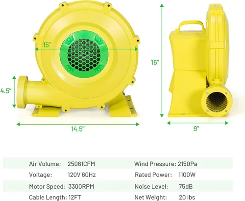 Miniatura 2 de Costzon Soplador de aire, soplador de 1.5 HP para casa de rebote, ventilador de bomba de 1100 W, soplador inflable comercial, perfecto para casa