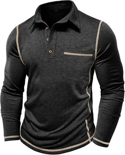 Miniatura 2 de Polo para hombre, manga larga, cuello clásico, algodón, botón básico, elegante, con bolsillo en el pecho