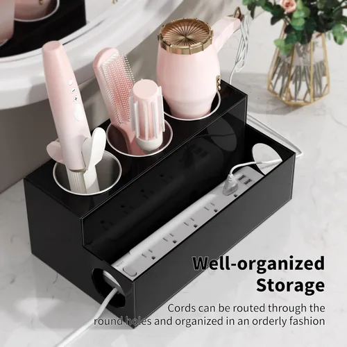 Miniatura 4 de NIUBEE Organizador de herramientas para el cabello, secadora de pelo acrílico negro y organizador de peinado, soporte para secadora de baño, soporte