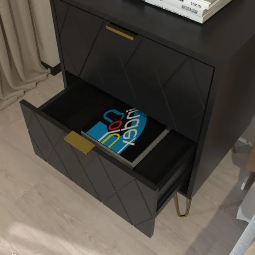 Miniatura 9 de Anbuy Juego de 2 mesitas de noche color negro con asa dorada, mesa de noche con 2 cajones, juego de 2 mesitas de noche con patas doradas