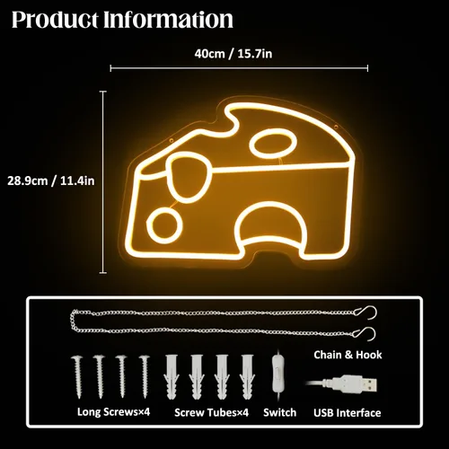 Miniatura 4 de Letrero LED de neón en forma de cuña de queso amarillo dorado para decoración de pared de cocina, letrero luminoso en forma de comida para Naranja