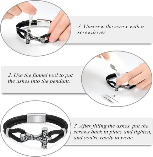 Miniatura 6 de constantlife Viking Thor's Hammer - Pulsera de cremación para cenizas para hombres, pulsera de cuero trenzado, brazalete conmemorativo de urna