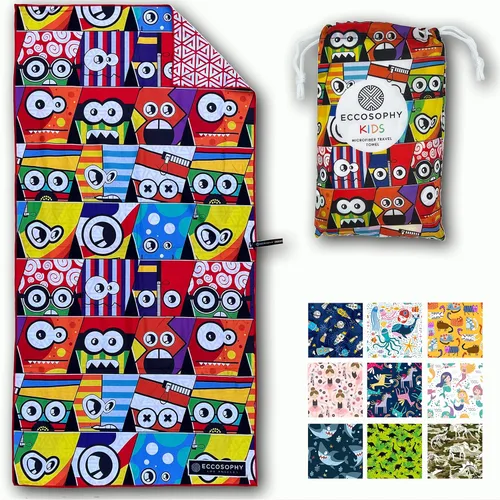 ECCOSOPHY Toallas de playa y bolsa de microfibra para niños de 60 x 30 pulgadas para niñas y niños - Toallas de piscina de secado rápido - Manta de
