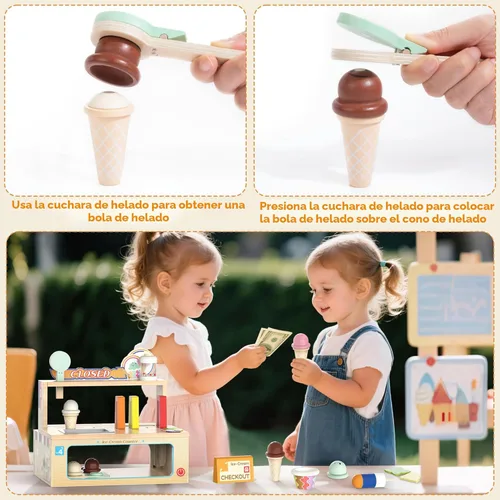 Miniatura 7 de Juego de juguetes plegables de madera para helados, tienda de alimentos para niños pequeños, 52 piezas para niños con almacenamiento, juego