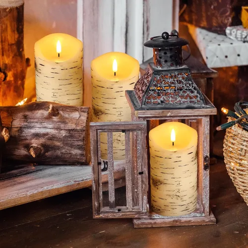 Miniatura 5 de Eywamage Velas de pilar sin llama de corteza de abedul con control remoto, velas LED rústicas parpadeantes con batería de madera, juego de 3 Parte