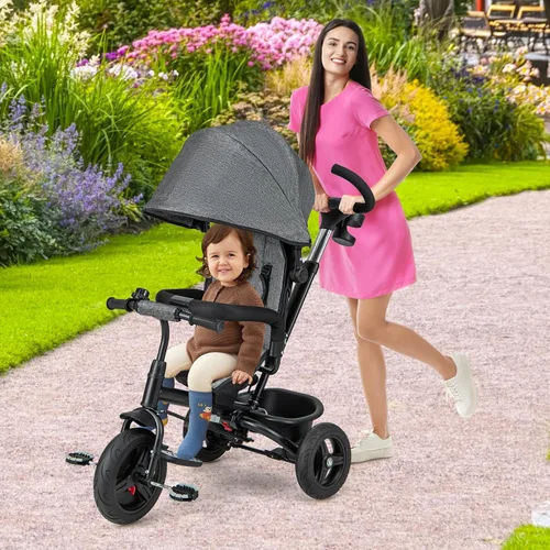 Miniatura 2 de HONEY JOY Triciclo, cochecito 6 en 1 para niños con asa de empuje ajustable y toldo, asiento reversible, cinturón de seguridad, pedal plegable, Gris