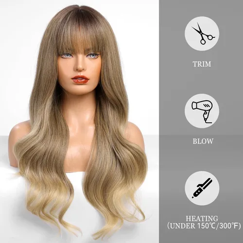 Miniatura 4 de HAIRCUBE Peluca de color marrón a rubio con flequillo para mujer, peluca de cabello largo ondulado marrón y rubio, pelucas sintéticas rizadas