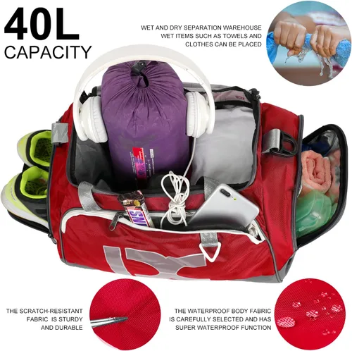 Miniatura 4 de INOXTO Bolsa de deporte de fitness con compartimento para zapatos impermeable bolsa de viaje para mujeres y hombres Rojo
