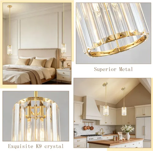 Miniatura 7 de 1 Pack Crystal Pendant Lights Kitchen Island,Modern Gold Pendant Light Fixtures,Adjustable Hanging Lighting for Kitchen Island Dining Room Bar Foyer