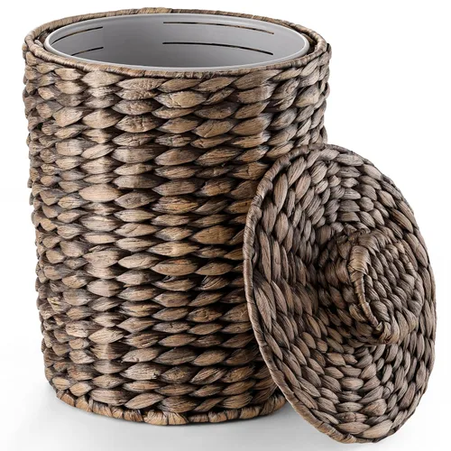Tidita Cesta de basura de mimbre de 2 galones, cubo de basura de jacinto de agua para baño, cubo de basura con tapa, estilo bohemio, papelera de