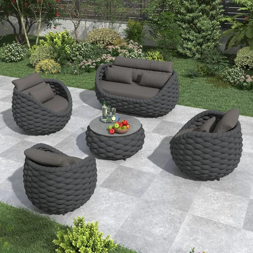 Miniatura 9 de Juego de muebles de patio de cuerda de 4 piezas: conjunto de sofás al aire libre de aluminio acolchado - sofá de conversación moderno ensamblado