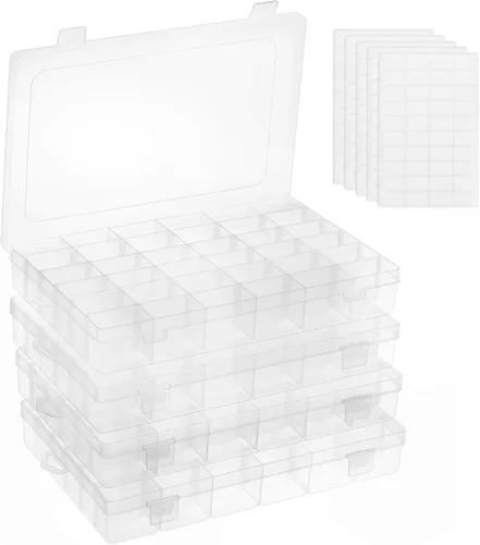 Miniatura 10 de Paquete de 2 cajas organizadoras de cuentas transparentes con divisores ajustables para contenedores de joyería, manualidades, 36 rejillas con 5 2
