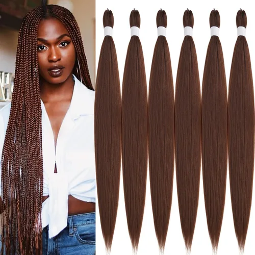 Miniatura 7 de pelo trenzado preestirado marrón, pelo trenzado Kanekalo, pelo trenzado preestirado de 26 pulgadas, 6 paquetes plegados, textura Yaki, extensiones