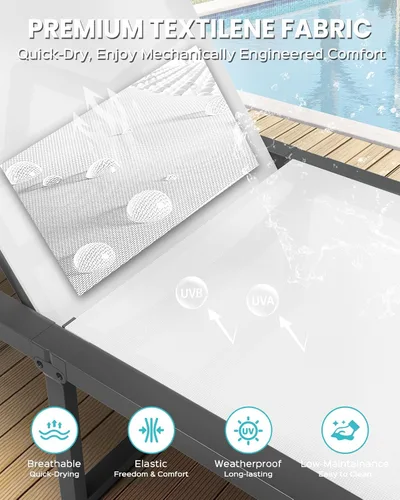 Miniatura 7 de Silla de Salón de Aluminio para Exterior, Sillas de Salón Plegables y sin Montaje para Patio y Piscina, Silla Reclinable de 5 Posiciones para Blanco