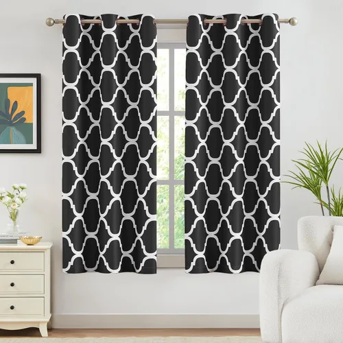Miniatura 2 de Melodieux Cortinas opacas con ojales para oscurecer la habitación con estampado marroquí para ventanas pequeñas, 42 x 45 pulgadas, color negro