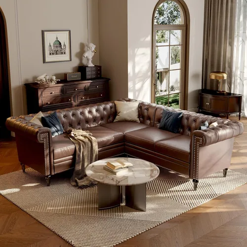 Sofá modular Chesterfield de 85 pulgadas, sofá convertible de piel sintética en forma de L con cabeza de clavo copetuda y brazos enrollados, sofás