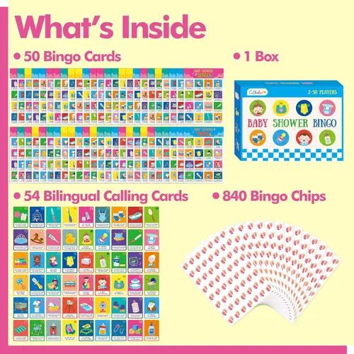 Miniatura 3 de Juego de bingo para baby shower, 50 tarjetas de bingo bilingües en español e inglés para fiesta de revelación de género, baby shower, recuerdos