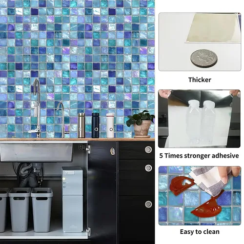 Miniatura 2 de Baldosas de Piso Despegar y Pegar 12x12 Pulgadas Patrón de Mosaico de Vidrio Azul Morado Piso de Vinilo Autoadhesivo Tablones Cuadrados para Cocina