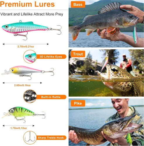 Miniatura 3 de TCMBY Juego de señuelos de pesca para pesca de lubina de trucha de agua dulce, incluyendo accesorios, caja de aparejos de pesca, crankbait, cuchara