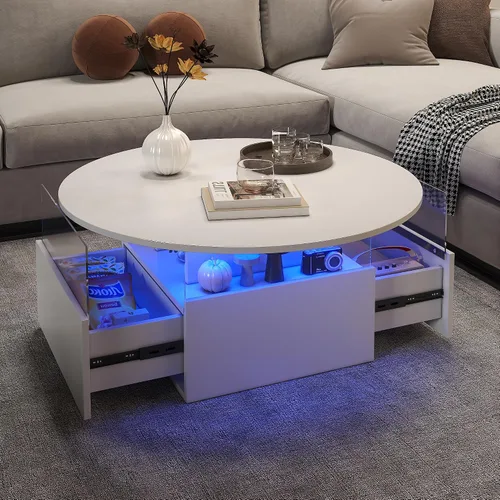 HedoAjim Mesa de café redonda de 31.5" para sala de estar, mesa moderna de sala de estar con LED y almacenamiento, mesas de café cuadradas de