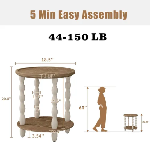 Miniatura 2 de Mesa auxiliar redonda, mesa auxiliar estilo granja de 2 niveles, mesita de noche de madera de 18.5'' hecha a mano con aspecto desgastado, mesa
