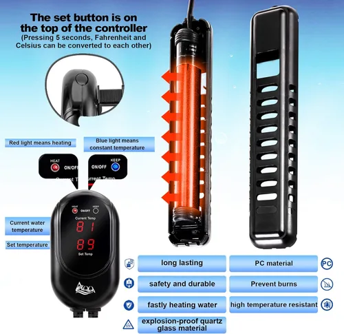 Miniatura 3 de AQQA Calentador sumergible para acuario, calentador de tanque de peces de 100 W/200 W/300 W/500 W/800 W/1000 W/1200 W, controlador de temperatura