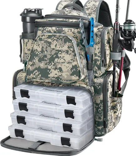Miniatura 9 de Piscifun Mochila de pesca con 2 soportes para caña y 4 cajas de aparejos, bolsa grande de almacenamiento de aparejos con cubierta de lluvia