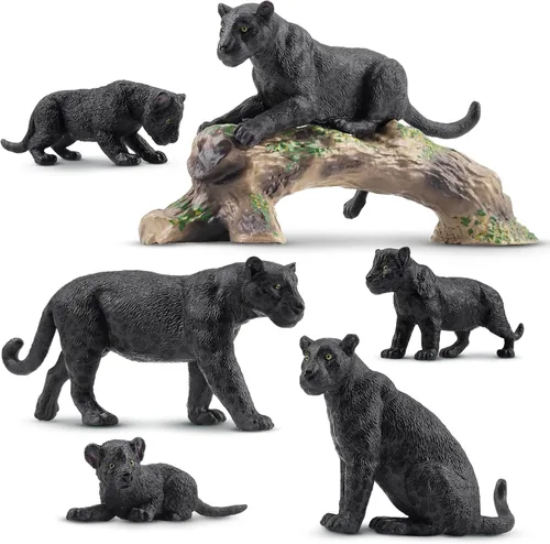 Toymany 7 Piezas Figuras de Panteras Negras con Cachorro de Pantera y Tronco de Árbol, Figuras Realistas de Animales de la Selva Juego Familiar,