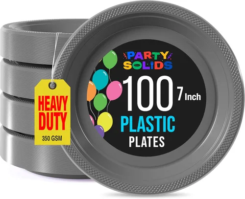 Miniatura 31 de Exquisitos platos de plástico rojo Party Solids para fiesta, platos desechables rojos de 9 pulgadas, juego de vajilla de plástico resistente, 100