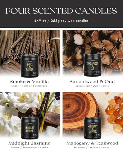 Miniatura 4 de AOOVOO Velas perfumadas para hombres – Paquete de 4 velas para el hogar, cera de soja de 36 onzas, tiempo de combustión de 200 horas, juego de velas