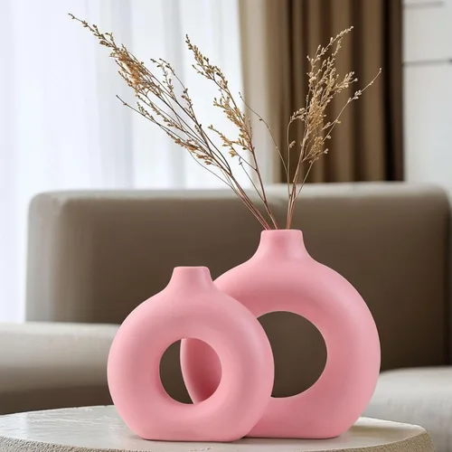 Juego de 2 o 2 jarrones redondos de cerámica rosa, modernos jarrones rosados para centros de mesa, florero para decoración, se aplica a la sala de
