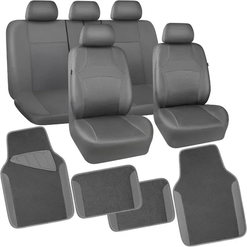 CAR PASS Juego completo de fundas de asiento de automóvil de malla de aire 3D y 4 alfombrillas impermeables para piso de automóvil con esponja Gris
