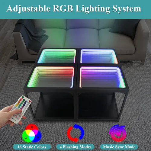 Miniatura 4 de FUSLITE Mesa de luz de espejo infinito, mesas de centro para sala de estar, con espejo de ilusión infinita 3D, mesa auxiliar RGB, con luz de túnel