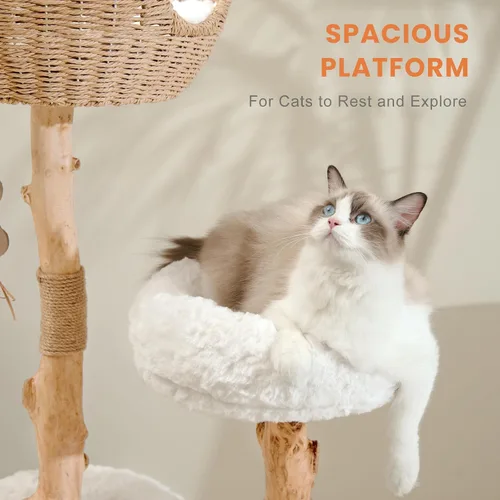 Miniatura 4 de PEGIC - Torre para gatos de ramas naturales de 44 pulgadas, árbol alto de varios niveles para gatos Plataformas cortas de felpa, nido de mimbre