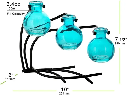 Miniatura 3 de Couronne Company M504-200-09 Casablanca Tres jarrones de vidrio reciclado y soporte de metal, 7 1/2", aguamarina, 1 pieza
