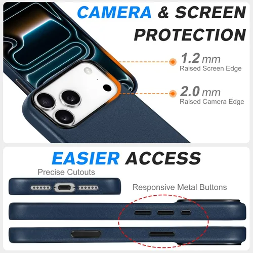 Miniatura 7 de SHIELDON Funda de cuero genuino para iPhone 17 Pro Max de 6.9 pulgadas 2025, [botón de la cámara actualizado], compatible con Magsafe, carga Azul