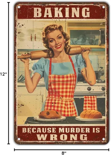 Miniatura 7 de Letrero de hojalata retro para mujer, con texto en inglés "Baking Because Murder is Wrong", divertido rústico, decoración de pared, arte de pared