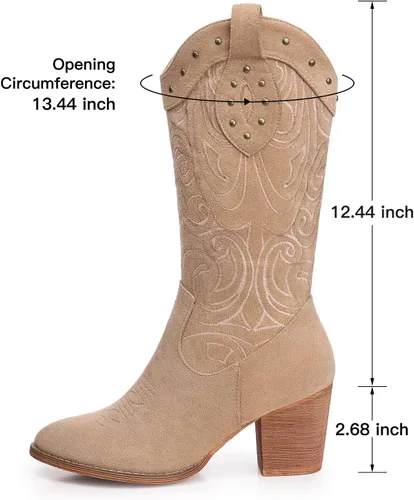 Miniatura 5 de SHIBEVER Botas vaqueras vaqueras para mujer bota de media pantorrilla con punta occidental con tacón grueso bordado de gamuza