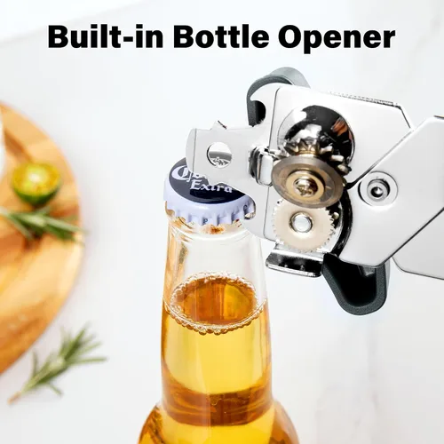 Miniatura 6 de TJ POP - Abrelatas manual, abrelatas de mano resistente, borde liso, perilla de fácil giro, con abrebotellas, utensilios de cocina, color gris