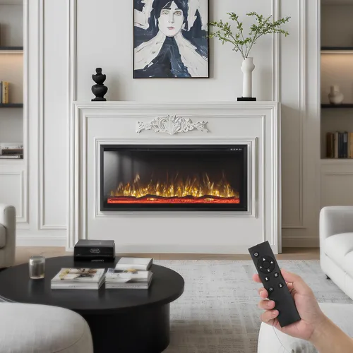 Miniatura 2 de PPHI Villa - Chimenea eléctrica ultra estrecha de 42 pulgadas, chimenea realista de alta llama montada en la pared/empotrada con cama multimedia