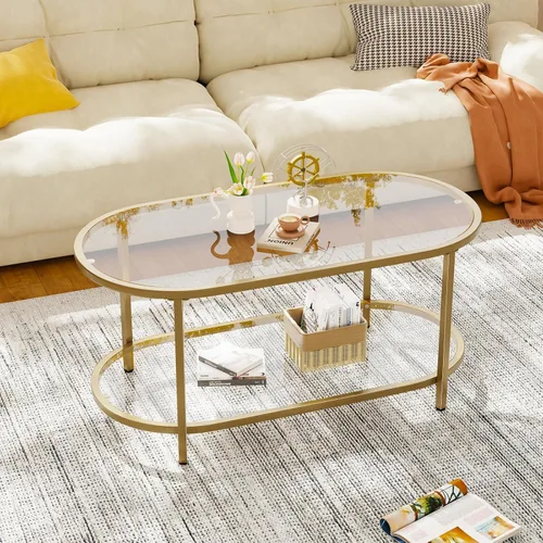 Miniatura 11 de Mesa de centro de cristal dorado Mesas de centro para sala de estar, Mesa ovalada Mesa central con marco de metal resistente, Mesas decorativas