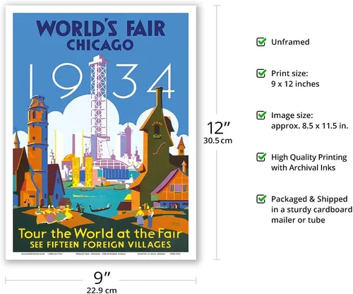 Miniatura 2 de 1934 World Fair Chicago - Tour the World at the Fair - Póster de viaje vintage de Weimer Pursell c.1934 - Impresión artística maestra (sin marco) 9