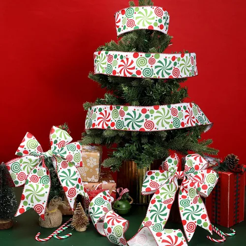 Miniatura 5 de Berlune 2 rollos de cinta de Navidad con borde de alambre de menta caramelo de 2.5 pulgadas de ancho, cinta de arpillera para manualidades, coronas
