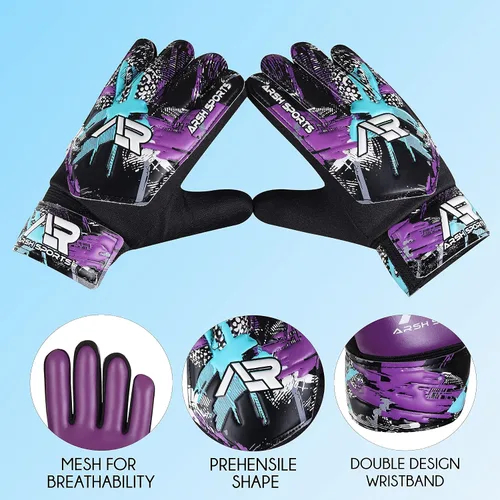 Miniatura 5 de Arsh - Paquete de 2 guantes de portero de fútbol, guantes de portero de fútbol para niños, jóvenes, niños, muñecas dobles Púrpura/Anaranjado