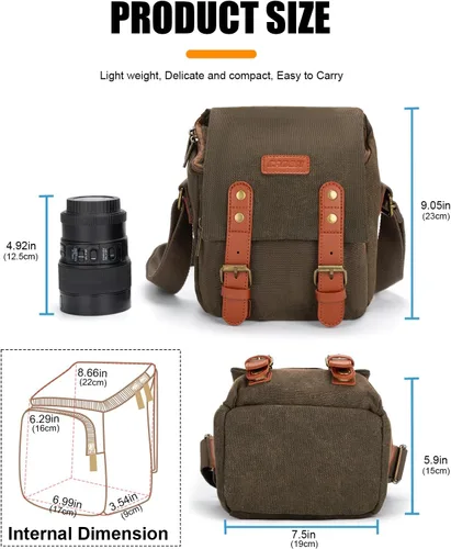 Miniatura 6 de CADeN - Bolso para cámara compacto de cuero con ribete de tela de lona, compatible con Nikon, Canon, Sony, cámara sin espejo y lentes, resistente al