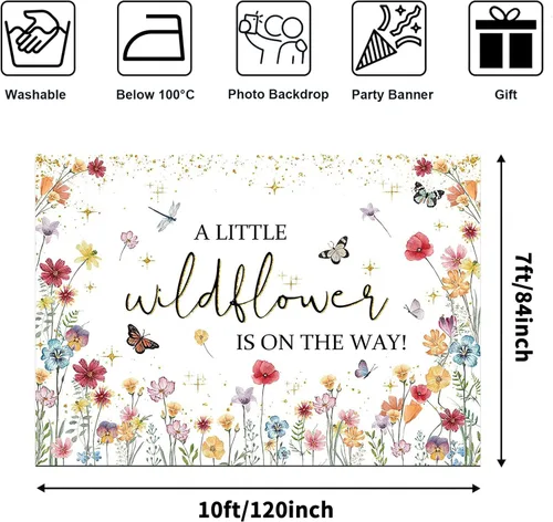 Miniatura 2 de Avezano Decoraciones de flores silvestres para baby shower, con texto en inglés "A Little Wildflower is On The Way", telón de fondo para baby